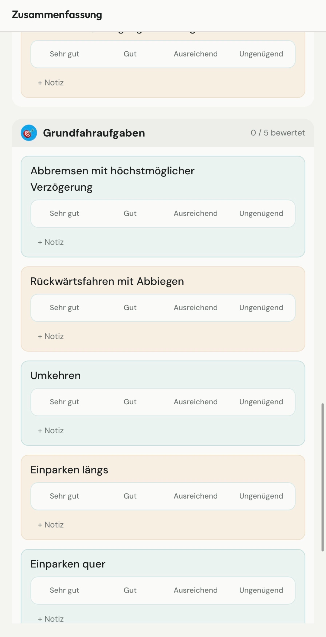 Grundfahraufgaben in FahrDoc: Abbremsen, Rückwärtsfahren mit Abbiegen, Umkehren, Einparken längs und quer