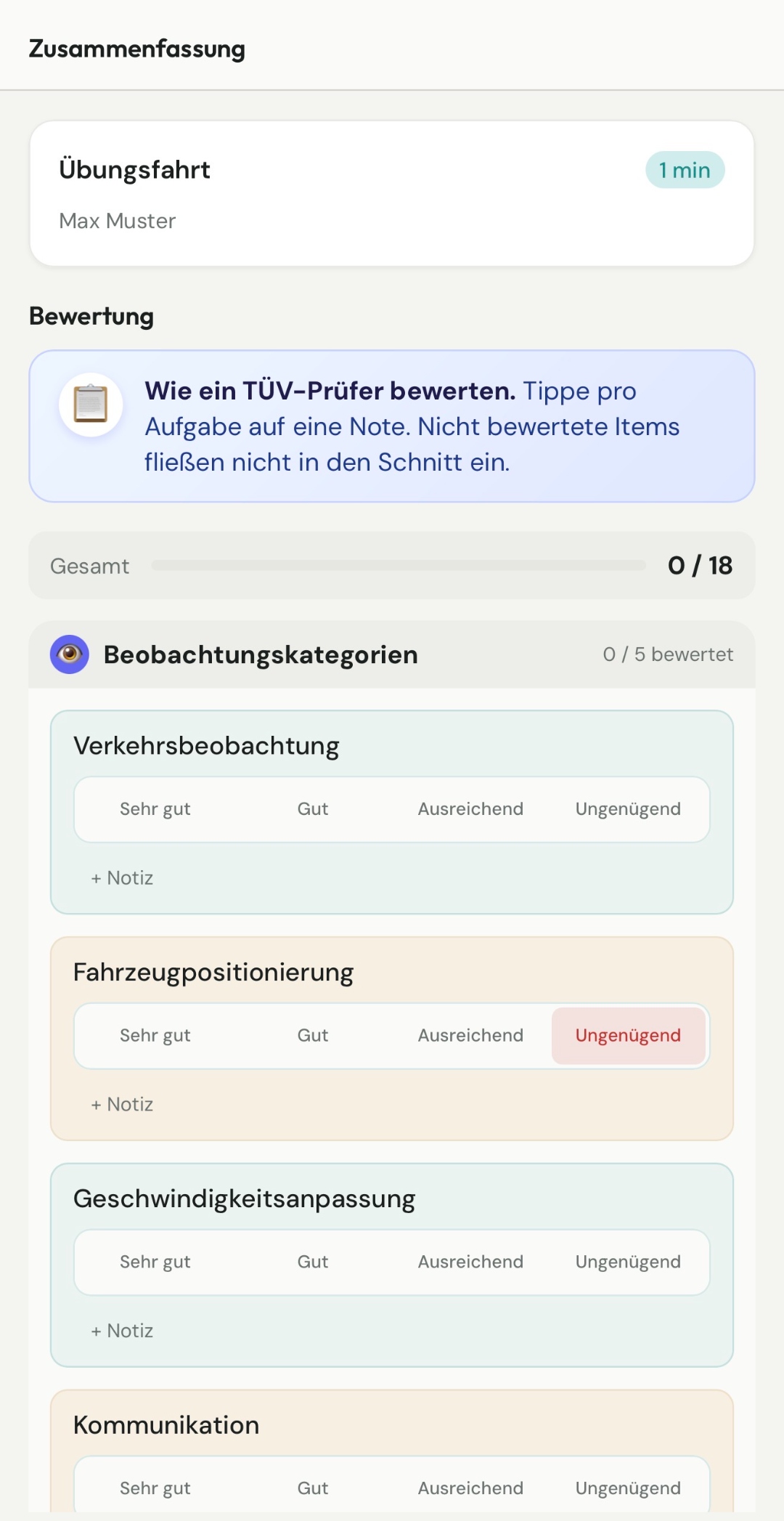 Bewertungs-Übersicht: Wie ein TÜV-Prüfer bewerten, Beobachtungskategorien mit Sehr gut / Gut / Ausreichend / Ungenügend