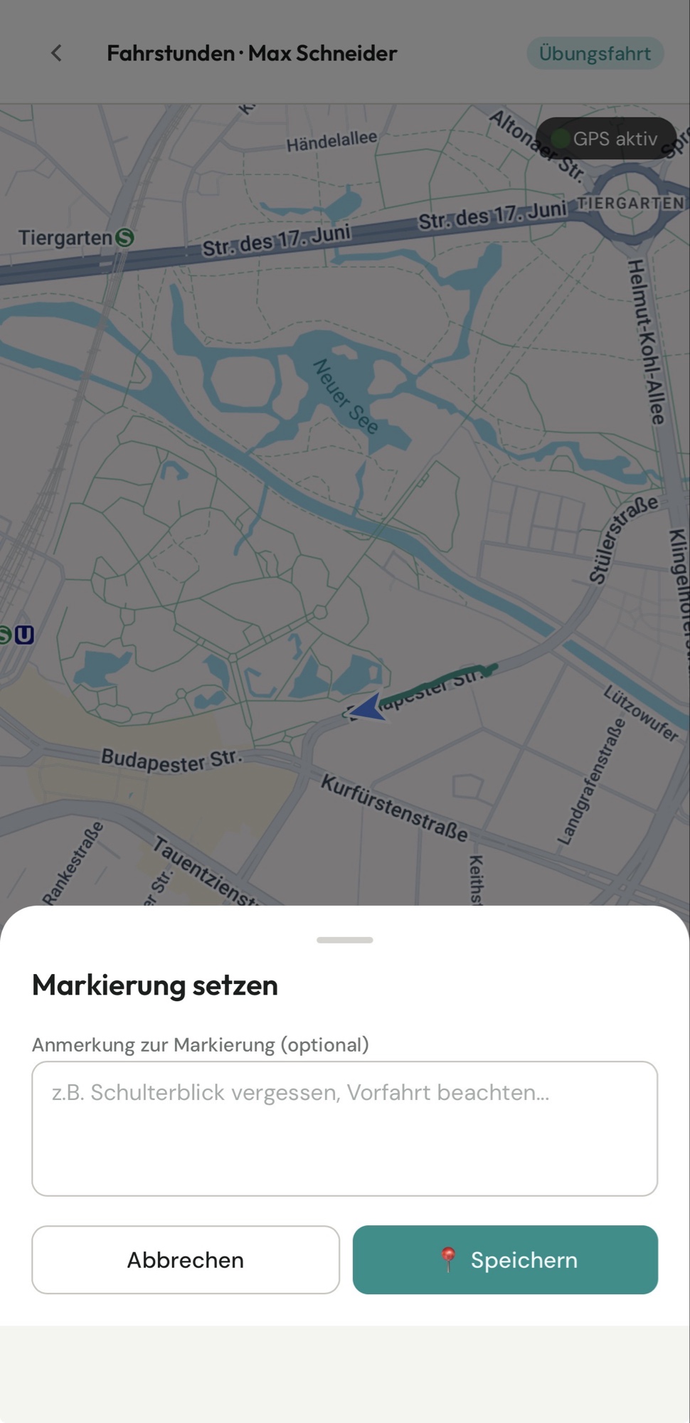 Markierung setzen während der Fahrstunde mit optionaler Anmerkung in FahrDoc